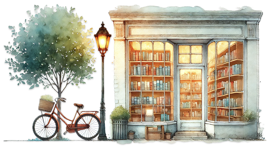 Beautiful watercolour illustration of a cosy bookshop with warm lighting. A bike, lamp and tree outside. Watercolour does NOT go to edge of frame and ends with watercolour effect in whitespace with no texture.